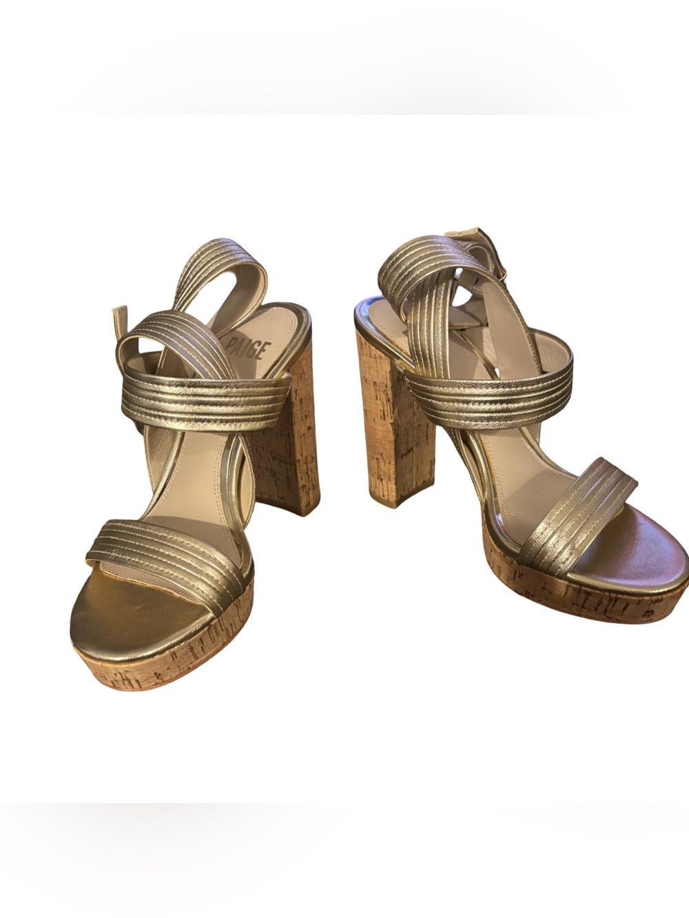 PAIGE Isla Light Gold Leather Block Heel Sandals. Brand new in box. Cover Inc.